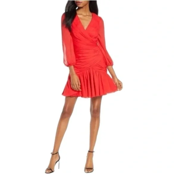 Jill Stuart Shirred Blouson Sleeve Faux Wrap Formal Cocktail Dress -Red - Size 2 - Picture 11 of 11
